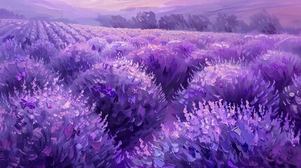Serene lavender fields under a vibrant sky, capturing nature's tranquility in an artistic style