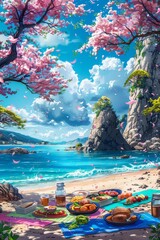 Vibrant anime scene showing a beach picnic with colorful mats and delicious food