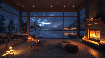 Naklejka premium Large living room in a wooden house directly on the lake. the lake through the patio door. There are stars in the dark blue night sky. Inside it is warm from the burning fireplace. Generative AI.