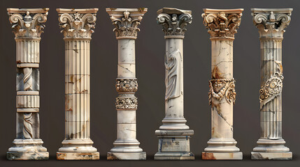 Set of Ancient Columns on Transparent Background,
Various ancient roman and greek style architecture elements classic palace building colonnades created in 3D on a transparent background