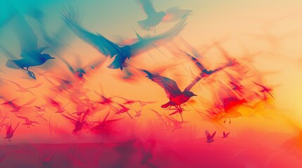 Wind turbines against a clear sky, focus on spinning blades, display vivid and crisp hues Double exposure silhouette with flying birds