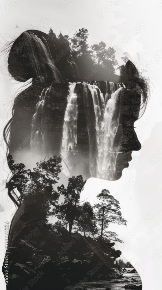 Fototapete A double exposure featuring a womans face superimposed with a majestic waterfall in the background. The womans features blend seamlessly with the cascading water, creating a unique and artistic visual