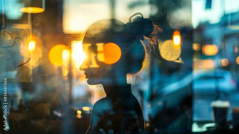 Poster A womans head is reflected in a window, creating a double exposure effect. The glass surface shows a clear image of the womans face with the surrounding environment in the background.