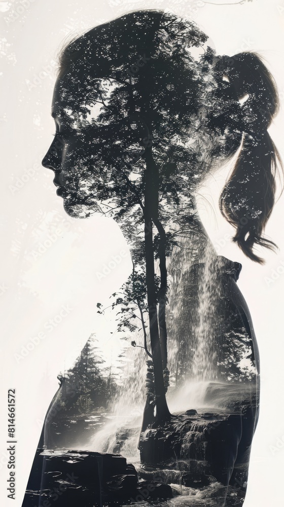 Aufkleber a silhouette of a woman standing in front of a tree, blending together to create a striking contrast