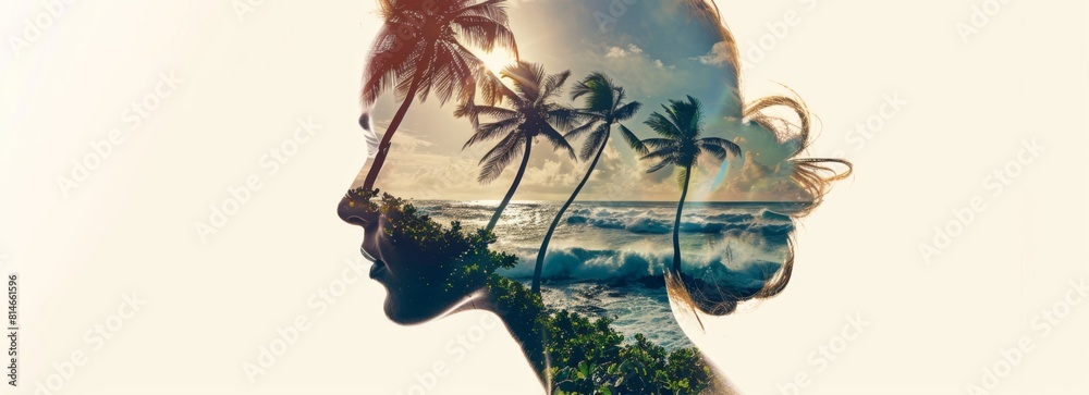 Aufkleber A double exposure featuring a womans face overlaying palm trees in the background. The womans features are intertwined with the leafy outlines of the palm trees, creating a unique visual effect.
