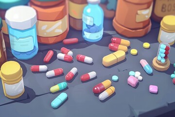 Assorted Pills and Medicine Spread Out on a Table. Generative AI