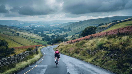 Fototapeta premium Cyclist Riding on Scenic Country Road in Rolling Hills