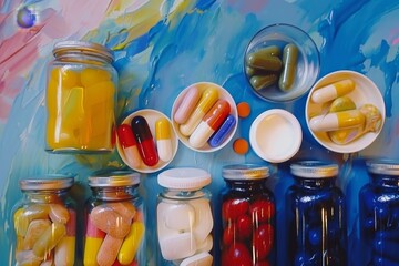 Colorful Pills in Jars on Colorful Background. Generative AI