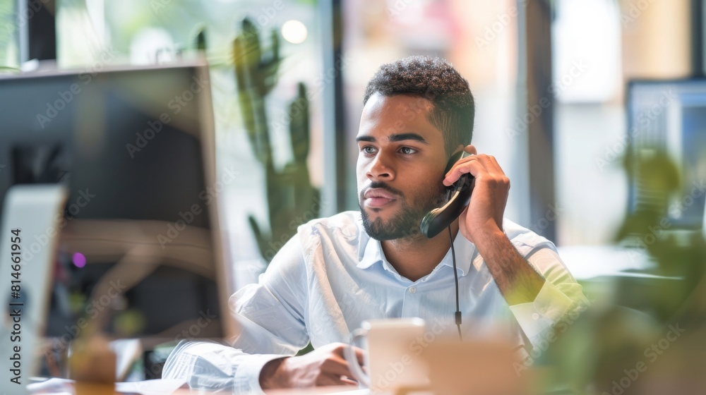 Poster A man in business attire sitting at a desk while engaged in a phone conversation. He is likely discussing work-related matters and appears focused on the call.