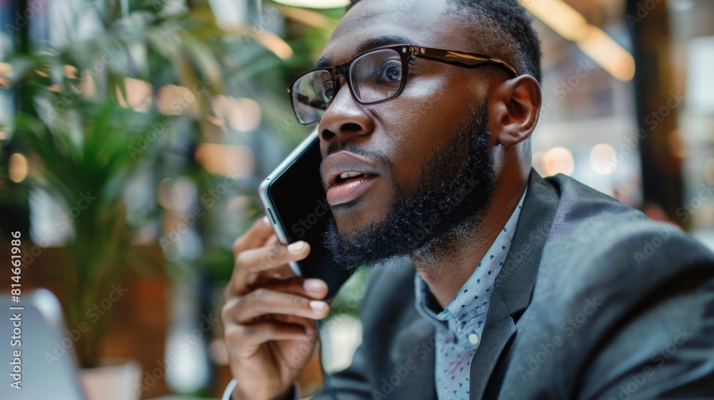 Poster a man wearing glasses is engaged in a call on his cell phone. he appears focused and attentive while
