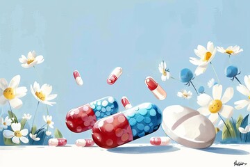 Pills and Flowers Painting on Blue Background. Generative AI