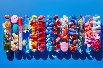 Array of Pills on Blue Background. Generative AI