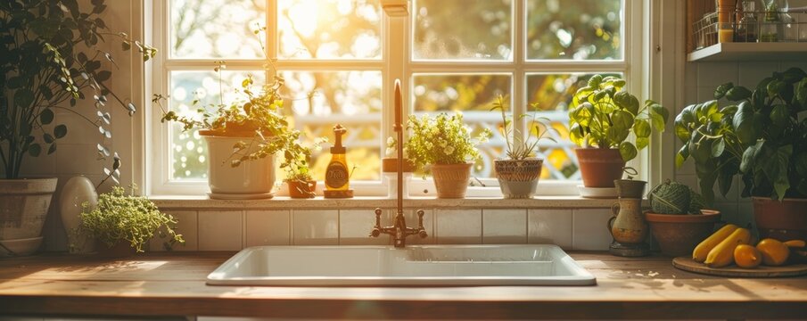 Fototapeta Vintage kitchen setup close up, focus on the farmhouse sink, copy space, ensure bright colors, Double exposure silhouette with a window view of a garden