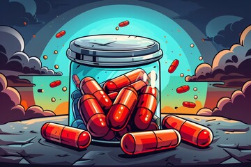 Jar of Pills With Red Pills Falling Out. Generative AI