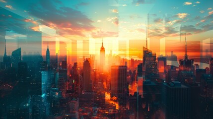 Fototapeta premium Urban skyline panorama close up, focus on the tallest skyscrapers, copy space, ensure bright colors, Double exposure silhouette with a sunset