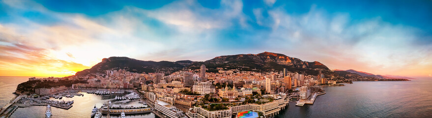 Fototapeta premium Montecarlo. Aerial view of Monaco skyline at sunset