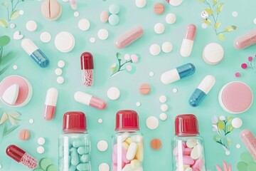 Group of Pills and Medicine Bottles on Green Background. Generative AI