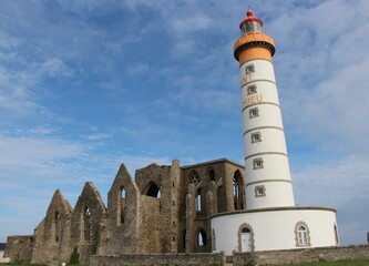 Idyllic view of the Point Saint Mathieu lighthouses and abbey in Brittany, France