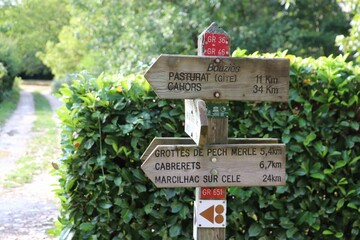 Variety of wooden road signs line the side of a dirt path, with a backdrop of trees and foliage