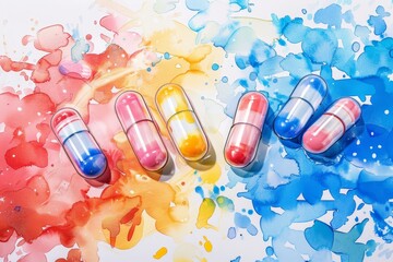 Colorful Pills on a White Background. Generative AI