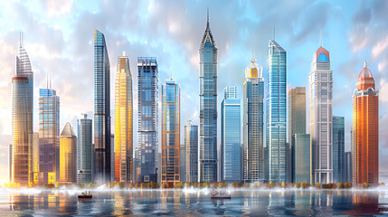 Skyscrapers Business Towers Office Residential,
Captivating Urban City Skyline building and clouds Background