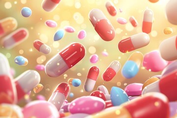 Colorful Pills Flying in the Air. Generative AI