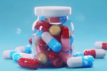 Jar Full of Pills on Blue Background. Generative AI