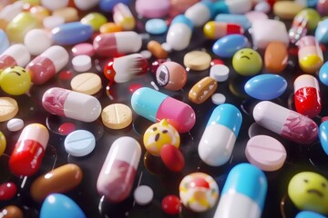 Array of Colorful Pills and Capsules on Black Surface. Generative AI