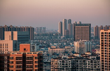 Aerial, modern city skyline, buildings, morning, Wuhan, China