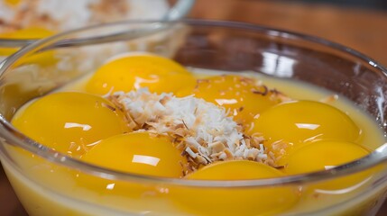 Quindim, a sweet, custard-like dessert made with egg yolks, sugar, and coconut