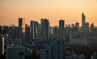 Aerial shot captures a modern city skyline in the morning of Wuhan, China