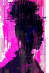 A silhouette of a woman is featured against a vibrant pink background in this digital mosaic illustration