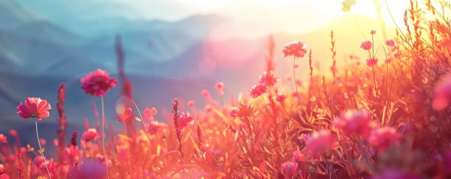 Sunlit mountain pass close up, focus on the pathways, copy space, ensure colorful hues, Double exposure silhouette with wildflowers