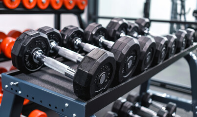 Naklejka premium Well-organized black and silver dumbbells on rack at gym, showcasing variety for fitness training, exercise equipment in modern workout space
