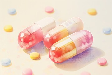 Three Colorful Pills on a White Surface. Generative AI