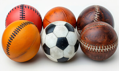 Variety of Sports Balls on White Background - Soccer, Baseball, Basketball, and Vintage Football, Ideal for Team Sports and Equipment Ads