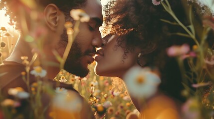close up of a couple kissing laying in field srounded by flowers  - Powered by Adobe