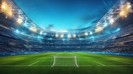 The interior of an open air football stadium at night, with bright lights illuminating the stands filled with fans and the green field below. The sky above is clear blue. Generative AI.