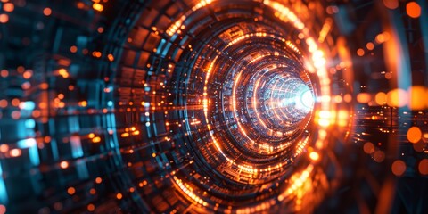 Obraz premium Stateoftheart technology development close up, focus on quantum computing, copy space, ensure radiant colors, Double exposure silhouette with a particle collider
