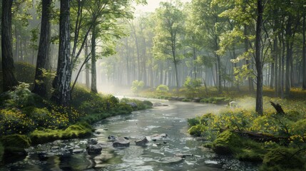 Obraz premium A painting depicting a stream cutting through a dense forest. Tall trees line the banks of the stream, their branches reaching towards the sky. The water flows gently, creating ripples and reflections