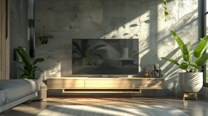 Minimalistic interior with coach and TV screen