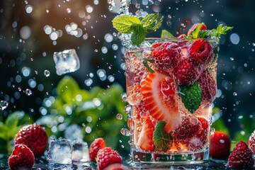 A glass of strawberry and mint drink with ice cubes