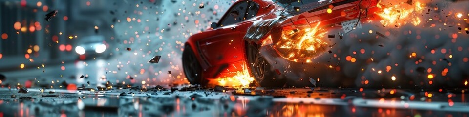 High Tech Futuristic Car Crash with Dramatic Explosion and Safety Features