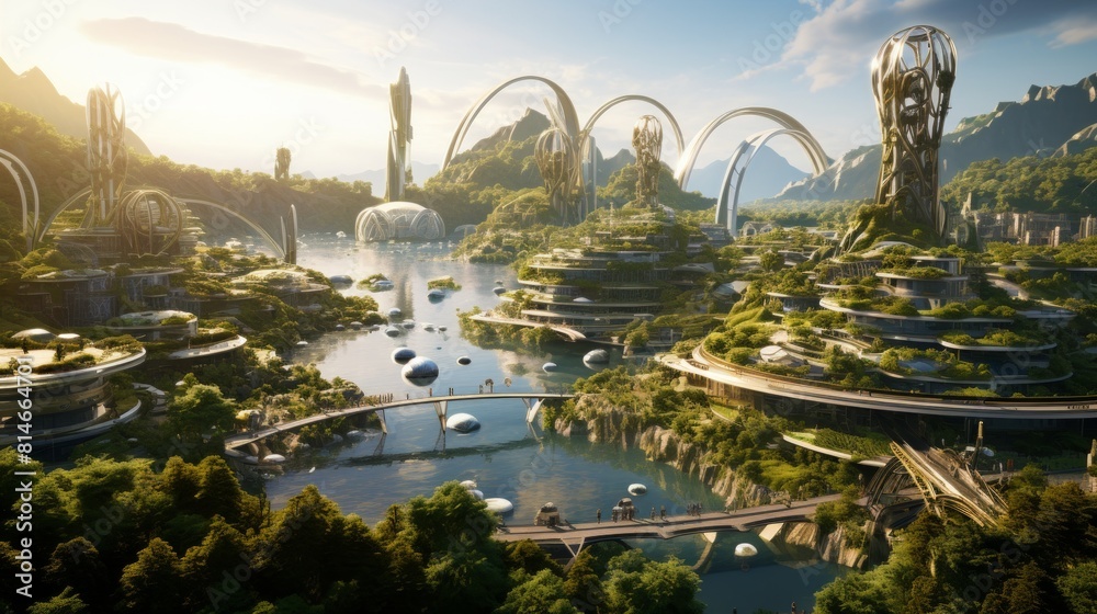 Aufkleber generative ai a city of innovation featuring bio-inspired designs, modular architecture, and floatin