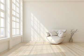 Empty room with a large window on the side and an armchair. Living room mockup with wood floor. Minimalistic interior. 3d render