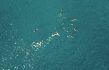 Obraz premium several people are laying in the blue water near a boat