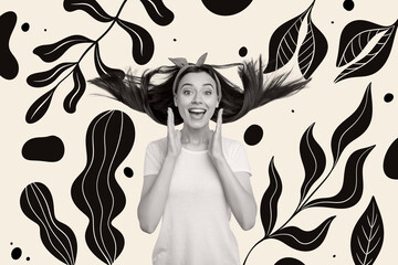 Creative picture collage young girl say tell loud shout positive mood happiness blossom plants environment drawing background