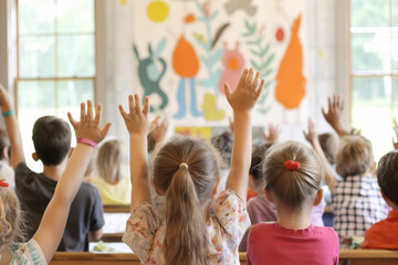 Children raising hands in classroom