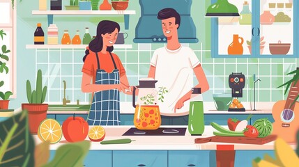 A couple enjoys making fresh, healthy juice from organic fruits and vegetables in their kitchen.