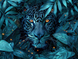 A tiger is shown in a forest with green leaves and glowing fireflies